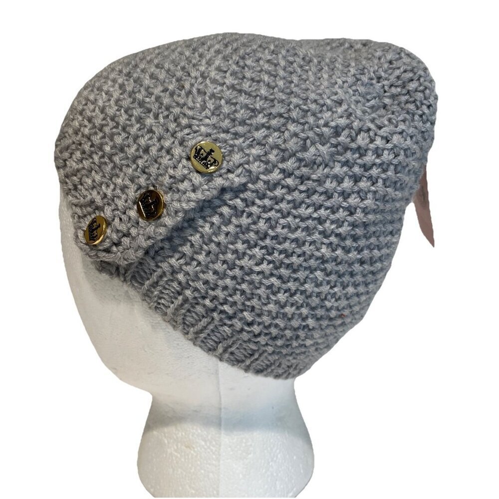 Juicy Couture Merino Wool Beanie Cap Hat with Gold Buttons Gray One Size NWT